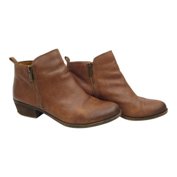 Lucky Brand Basel Ankle Boots Womens 10M Side Zip Toffee Leather Stacked Heel - Picture 2 of 16
